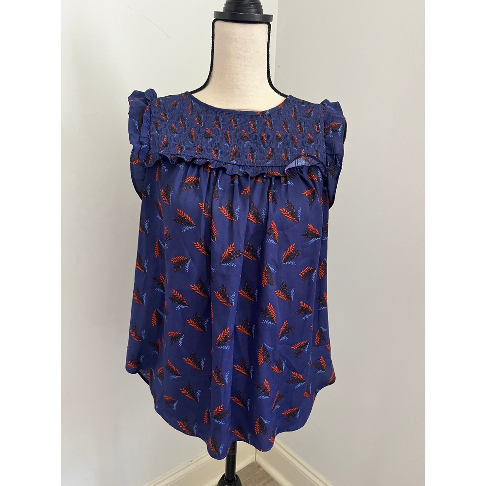 Smocked Printed Boho Blouse Medium Navy Blue Ruffle Sleeve Wheat Grain Pattern